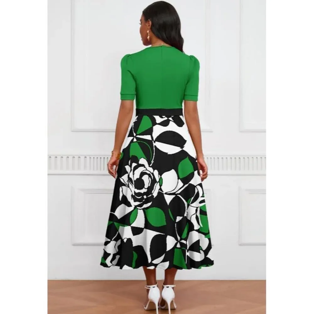Women's V Neck Midi Dress Polyester Elastane A-Line Short Sleeve Elegant